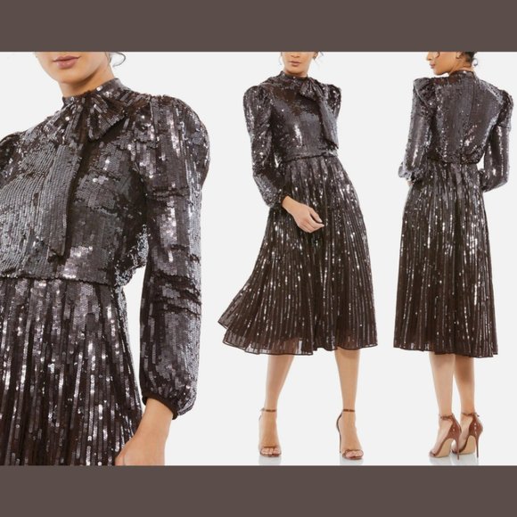 NWT $598 Mac Duggal [ SZ 6 ] Long‎ Sleeve Tea Length Dress Dark Chocolate #Q558 - Picture 1 of 15
